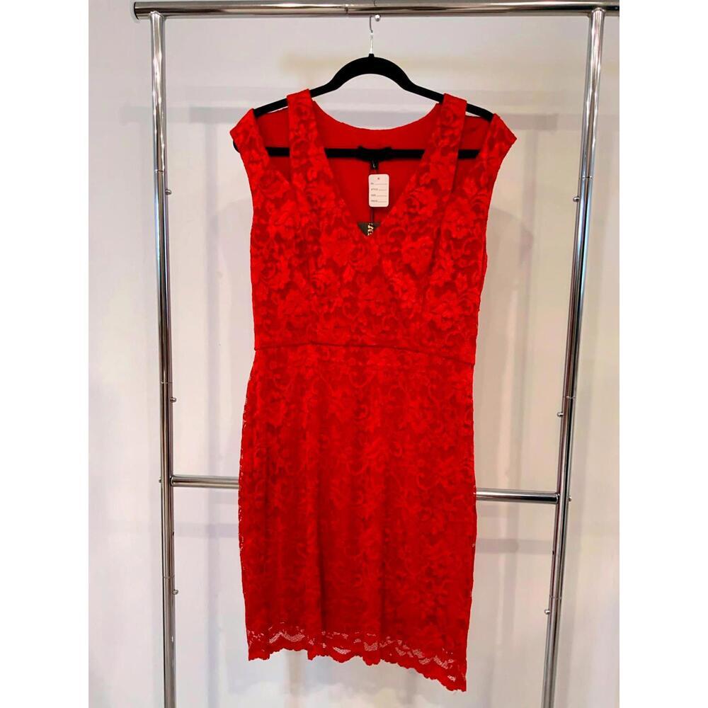 ABS Women's Vibrant Red Lace Dress - Size L